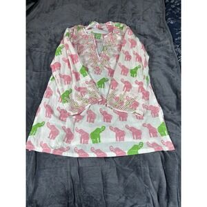 BARBARA GERWIT Elephant Print‎ cotton Tunic Top Shirt Blouse Coverup Size M